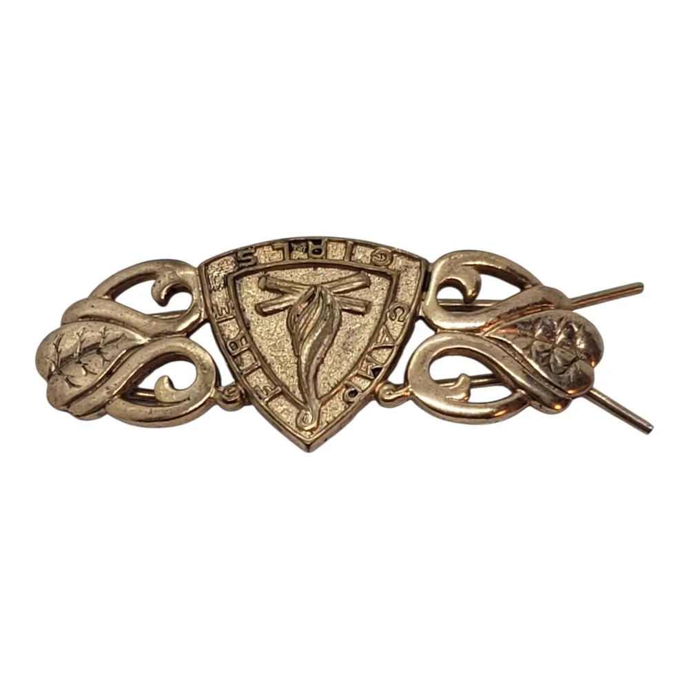 Vintage Camp Fire Girls Gold Tone Shield Bar Pin Badge Emblem Crest Collectible